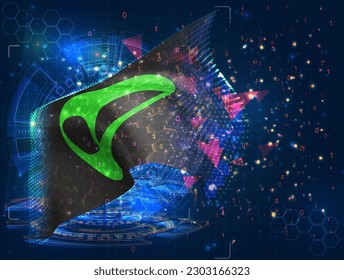 UFO,  vector flag, virtual abstract 3D object from triangular polygons on a blue background