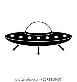 UFO vector icon. Flying saucer illustration ideal for alien, space, or sci-fi themes. Black silhouette isolated on white background.