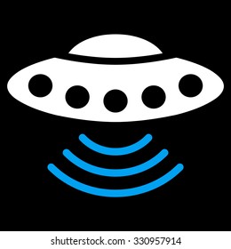Ufo vector icon. Style is flat bicolor blue and white symbol, rounded angles, black background.