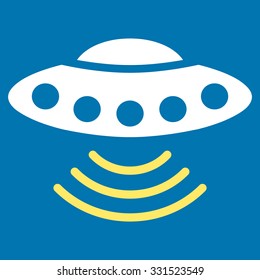 Ufo vector icon. Style is flat bicolor yellow and white symbol, rounded angles, blue background.