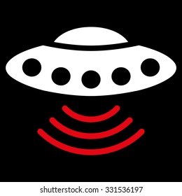 Ufo vector icon. Style is flat bicolor red and white symbol, rounded angles, black background.