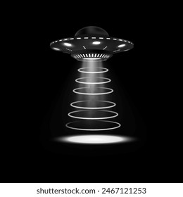 UFO vector illustration of a black and white flying saucer with glowing lights and a spiral beam on a dark background. The UFO hovers, creating a futuristic and mysterious atmosphere.