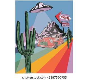 Ilustración vectorial Ufo. Obra de arte de Cactus retro. Diseño de camisetas de aventuras para coches del desierto. Diseño gráfico del desierto de Arizona para prendas de vestir, pegatinas.  Ufo objeto volador, cósmico, barco. Viaje por el desierto.