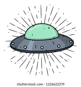 UFO. Vector illustration with a UFO and divergent rays on blackboard. Used for poster, banner, web, t-shirt print, bag print, badges, flyer, logo design and more. 