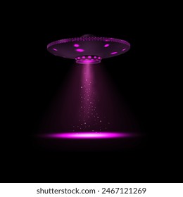 UFO vector illustration. A flying saucer with glowing purple lights and a beam emitting particles. Isolated on a dark background, the UFO hovers, creating a mysterious and otherworldly effect.