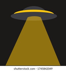 UFO vector illustration on black background. Space ship and yellow light. Flat style