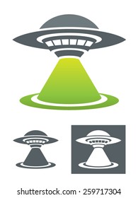 UFO Vector Illustration.Usable As A Drawing Or Logo Template. Colorful And Monochromatic Black And White Versions. An Original Flying Saucer With His Tractor Beam.