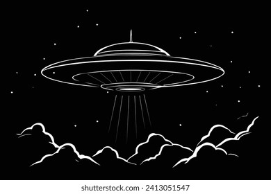 UFO vector image with white lines on a black background