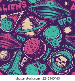 UFO vector seamless background with design elements such as flying saucer, alien, planet, skull astronaut