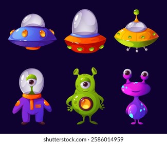 Ufo vector set of characters and spaceships. Cartoon isolated illustrations