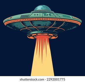 UFO vehicle colorful detailed logotype with unidentified flying saucer emitting light for alien landings or kidnappings vector illustration