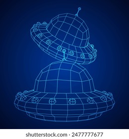 UFO vehicle unidentified flying saucer alien ship. Wireframe low poly mesh vector illustration