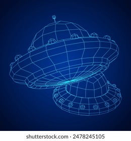 UFO vehicle unidentified flying saucer alien ship. Wireframe low poly mesh vector illustration