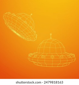 UFO vehicle unidentified flying saucer alien ship. Wireframe low poly mesh vector illustration