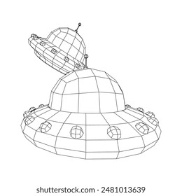 UFO vehicle unidentified flying saucer alien ship. Wireframe low poly mesh vector illustration