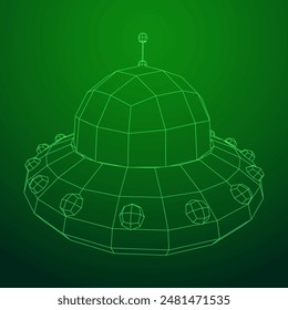 UFO vehicle unidentified flying saucer alien ship. Wireframe low poly mesh vector illustration