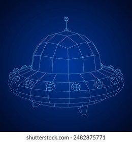 UFO vehicle unidentified flying saucer alien ship. Wireframe low poly mesh vector illustration