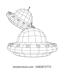 UFO vehicle unidentified flying saucer alien ship. Wireframe low poly mesh vector illustration