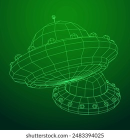 UFO vehicle unidentified flying saucer alien ship. Wireframe low poly mesh vector illustration