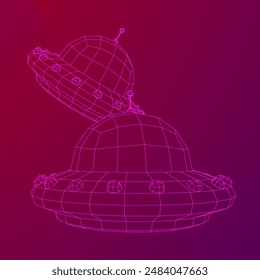 UFO vehicle unidentified flying saucer alien ship. Wireframe low poly mesh vector illustration