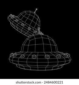 UFO vehicle unidentified flying saucer alien ship. Wireframe low poly mesh vector illustration