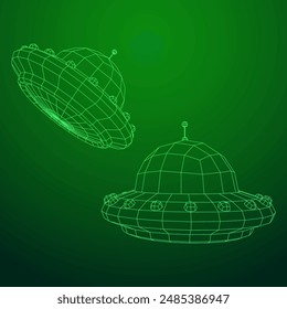 UFO vehicle unidentified flying saucer alien ship. Wireframe low poly mesh vector illustration