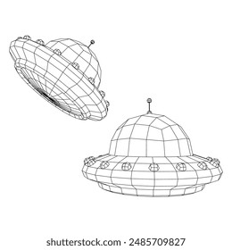 UFO vehicle unidentified flying saucer alien ship. Wireframe low poly mesh vector illustration