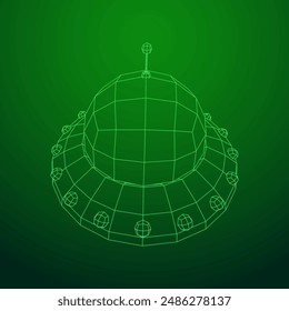 UFO vehicle unidentified flying saucer alien ship. Wireframe low poly mesh vector illustration