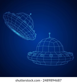 UFO vehicle unidentified flying saucer alien ship. Wireframe low poly mesh vector illustration