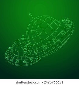 UFO vehicle unidentified flying saucer alien ship. Wireframe low poly mesh vector illustration