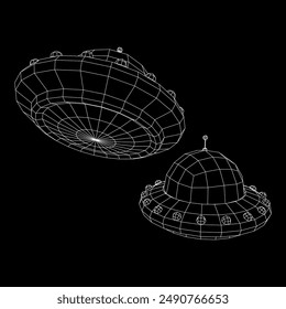 UFO vehicle unidentified flying saucer alien ship. Wireframe low poly mesh vector illustration