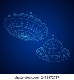 UFO vehicle unidentified flying saucer alien ship. Wireframe low poly mesh vector illustration