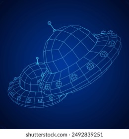 UFO vehicle unidentified flying saucer alien ship. Wireframe low poly mesh vector illustration