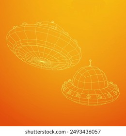 UFO vehicle unidentified flying saucer alien ship. Wireframe low poly mesh vector illustration