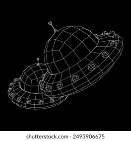 UFO vehicle unidentified flying saucer alien ship. Wireframe low poly mesh vector illustration