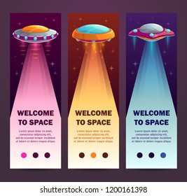 UFO vertical banners. Set of vertical long templates with cartoon alien spaceships. Vector illustration.