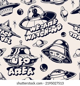 UFO vintage seamless pattern monochrome with flying saucers and aliens traveling around galaxy in fantastic round spaceships vector illustration