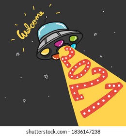 UFO Welcome 2021 Cartoon Vector Illustration