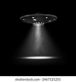 UFO with white light beam vector illustration. Realistic flying saucer emitting particles in black and white, ideal for themed designs on an isolated background.