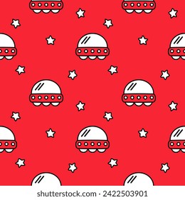 Ufo white and rad cartoon so cute. On star red background. Pattern seamless vector illustration. 