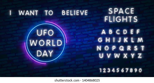 UFO world day neon sign vector design template. Aliens neon logo, light banner design element colorful modern design trend, night bright advertising, bright sign. Vector illustration.