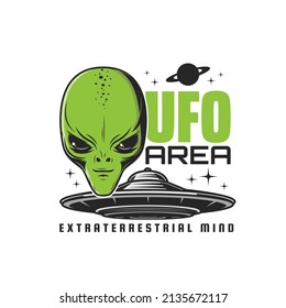 UFO zone, alien spaceship icon. Aliens activity area, extraterrestrial beings starship vector emblem or icon with humanoid creature green face, flying saucer or disc spaceship, saturn planet and stars