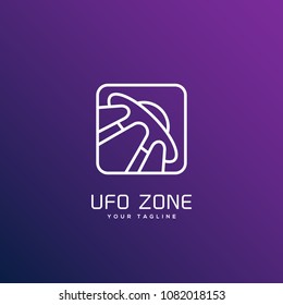 Ufo zone square logo design template in outline style. Vector illustration.