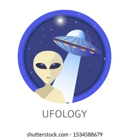 Ufology discipline, studies themed with unknown flying object, space shuttle in dark sky, alien icons inside circle, detailed colorful concept flat vector illustration and text on white background