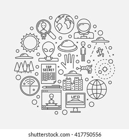 Ufology round symbol - vector thin line space sign made with UFO and astronomy icons. UFO concept linear illustration