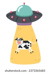 Los OVNI secuestran a una vaca, alienígenas. Ilustración del vector aislada en fondo blanco