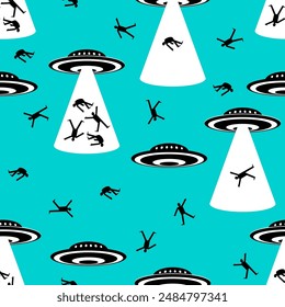 UFOs abduct people Pattern seamless. Strangers steal man Background. Body snatchers Conspiracy theory ornament. Space invaders take people for experiments.