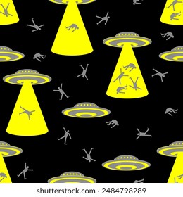 UFOs abduct people Pattern seamless. Strangers steal man Background. Body snatchers Conspiracy theory ornament. Space invaders take people for experiments.