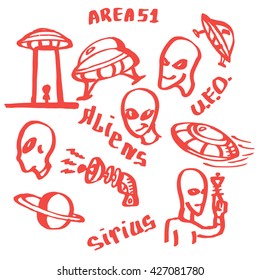 UFOs and aliens vector illustration on a white background