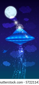 UFOs and the beam of light. illustration. on the background of sky and clouds. use website, smart phone, tablet PC, printing, fabric, decoration, etc.